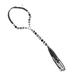 WHBM Lariat Style Necklace Crystal & Bead Tassel Chain Blue Black Silver Gold